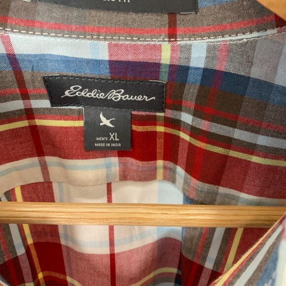 Eddie Bauer Men’s Red Multi-Colored 100% Cotton Checked Short Sleeve Shirt - Picture 2 of 10